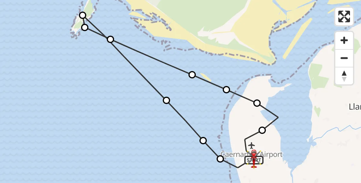 Flight path map showing Air Ambulance Helicopter route from Caernarfon Airport to Caernarfon Airport