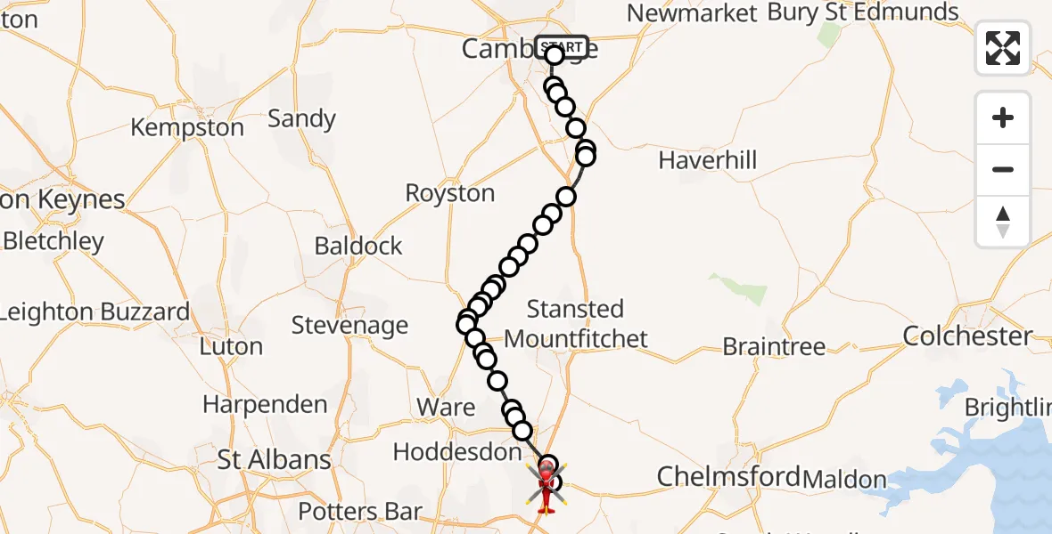 Flight path map showing Air Ambulance Helicopter route from Cambridge City Airport to North Weald Airfield