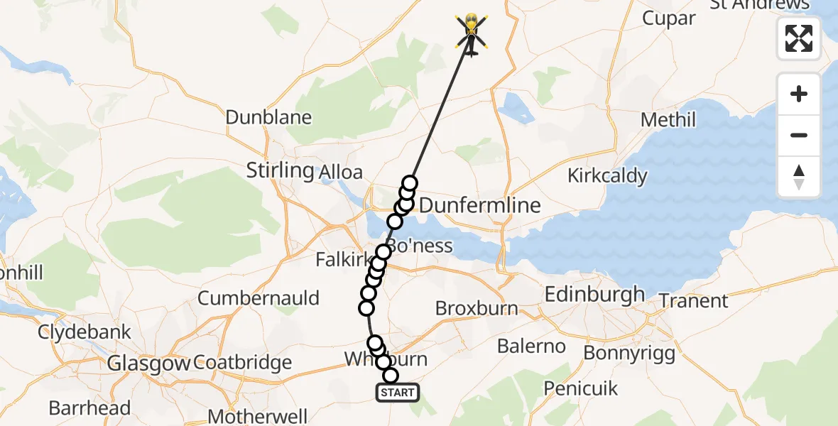 Flight path map showing Police Helicopter route from Breich to Dunning
