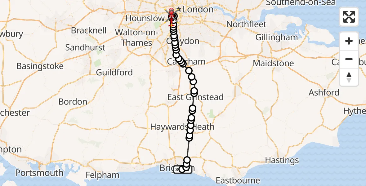 Flight path map showing Air Ambulance Helicopter route from Brighton to London Heliport