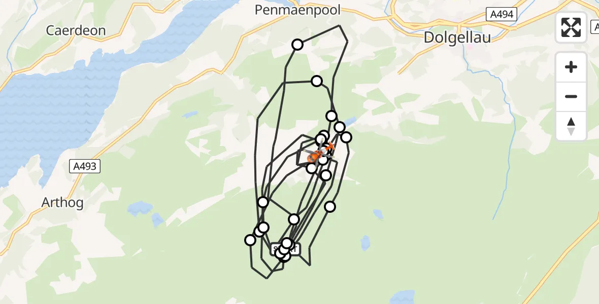 Flight path map showing Coastguard Helicopter route from Arthog to Arthog