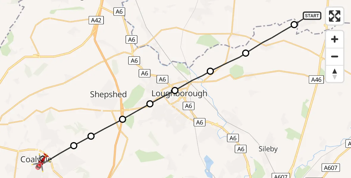 Flight path map showing Air Ambulance Helicopter route from Willoughby on the Wolds to Coalville