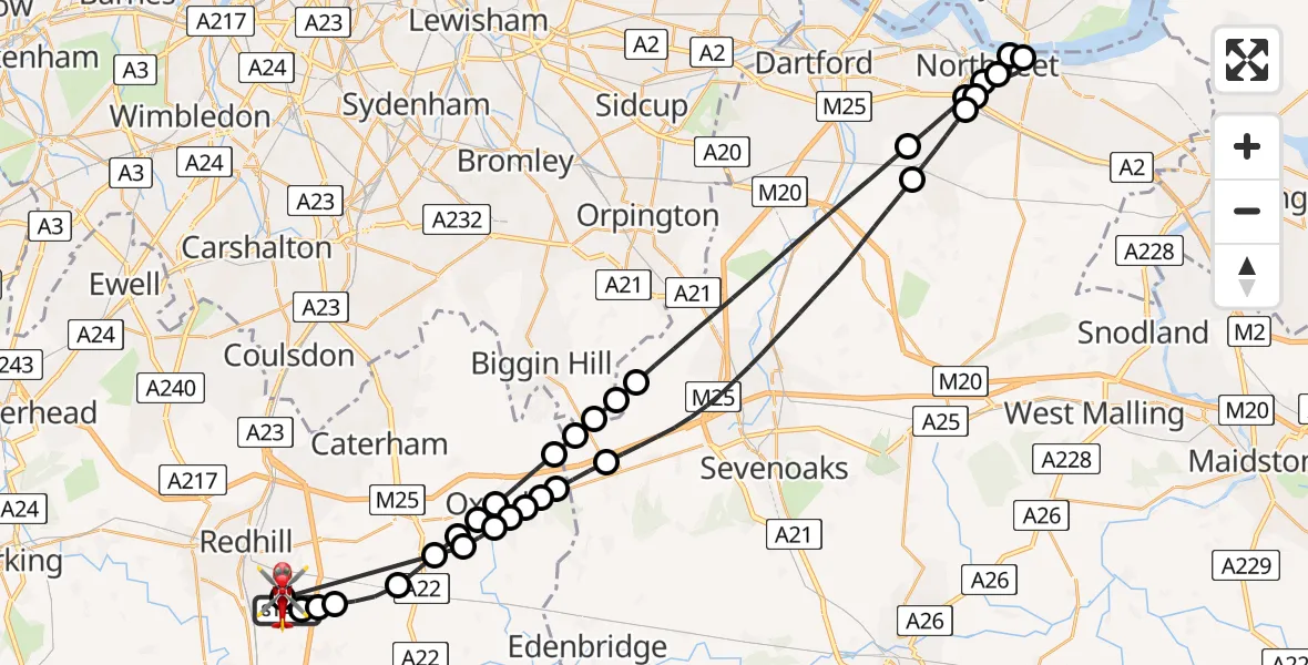Flight path map showing Air Ambulance Helicopter route from Redhill Aerodrome to Redhill Aerodrome
