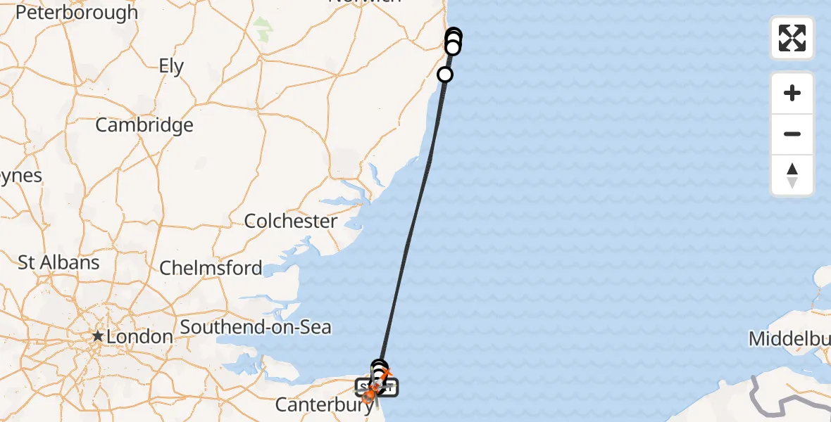 Flight path map showing Coastguard Helicopter route from Manston Airport to Manston Airport