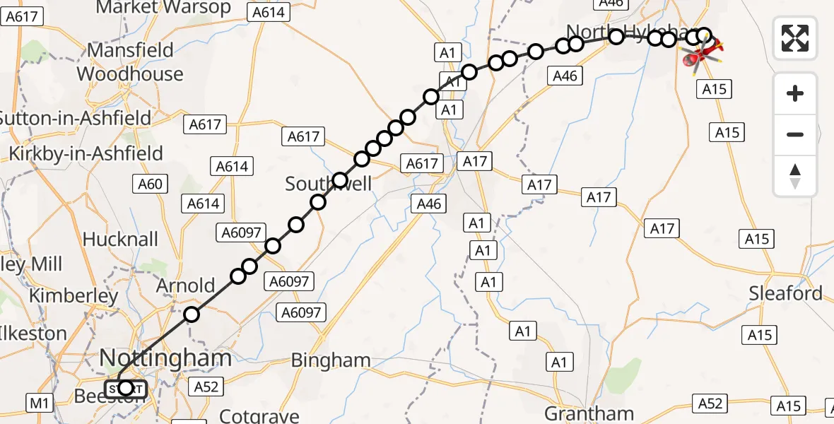 Flight path map showing Air Ambulance Helicopter route from Beeston to North Kesteven