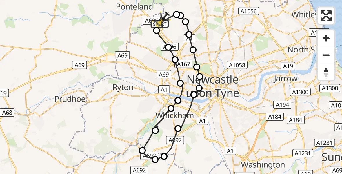 Flight path map showing Police Helicopter route from Newcastle International Airport to Newcastle International Airport