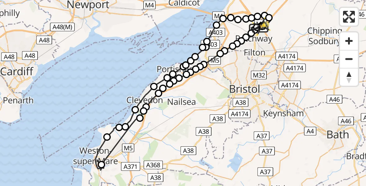 Flight path map showing Police Helicopter route from Almondsbury Helicopter Base to Almondsbury Helicopter Base