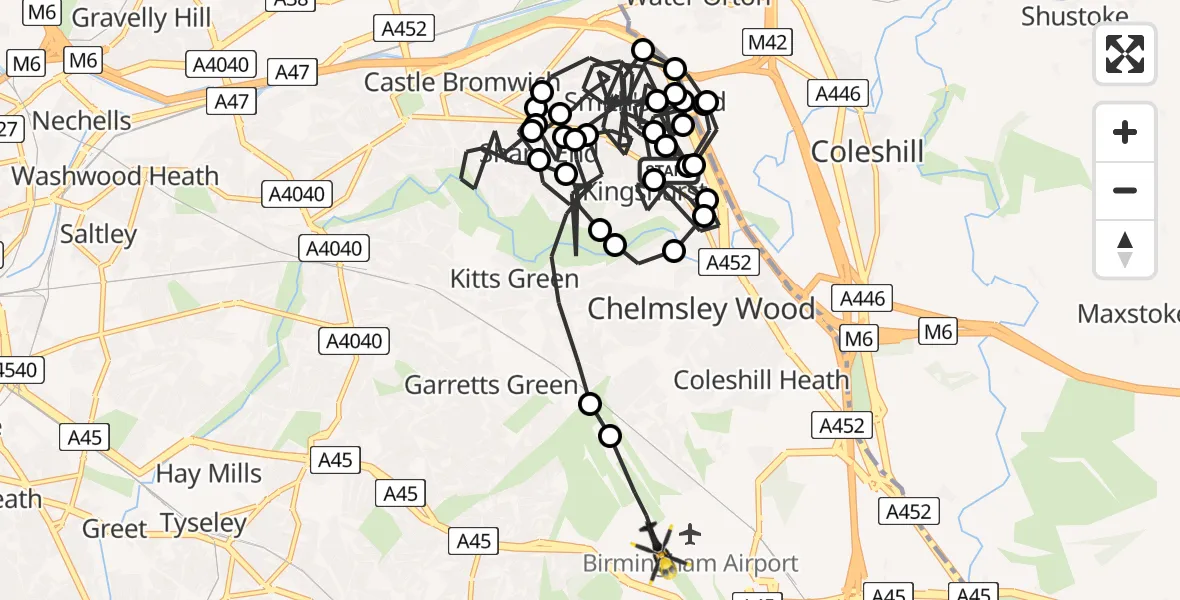 Flight path map showing Police Helicopter route from Solihull to Birmingham Airport