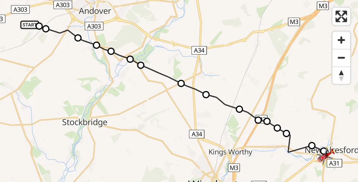 Flight path map showing Air Ambulance Helicopter route from Amport to New Alresford