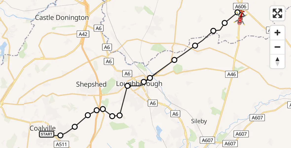 Flight path map showing Air Ambulance Helicopter route from Hugglescote to Nottingham Heliport