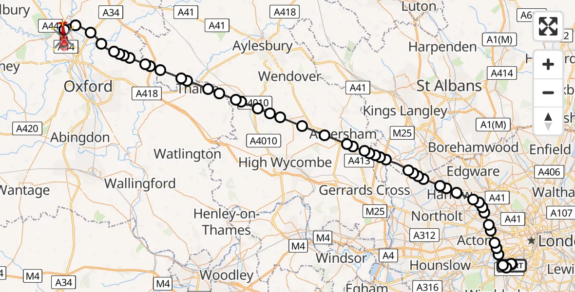 Flight path map showing Air Ambulance Helicopter route from London Heliport to London Oxford Airport