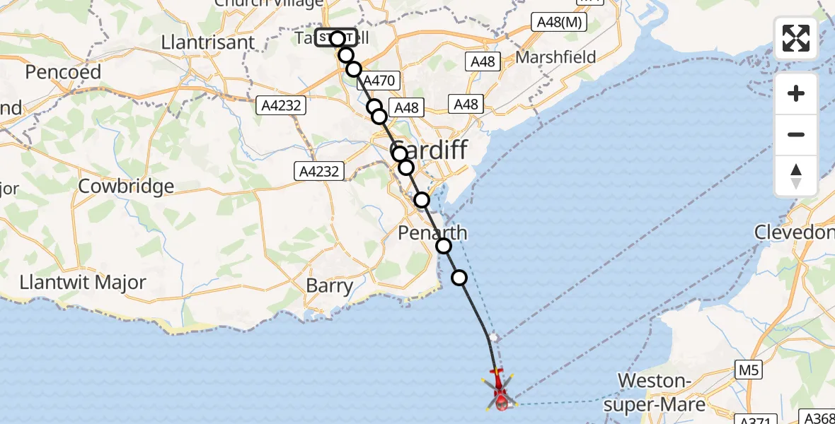 Flight path map showing Air Ambulance Helicopter route from Taffs Well to Bristol Channel