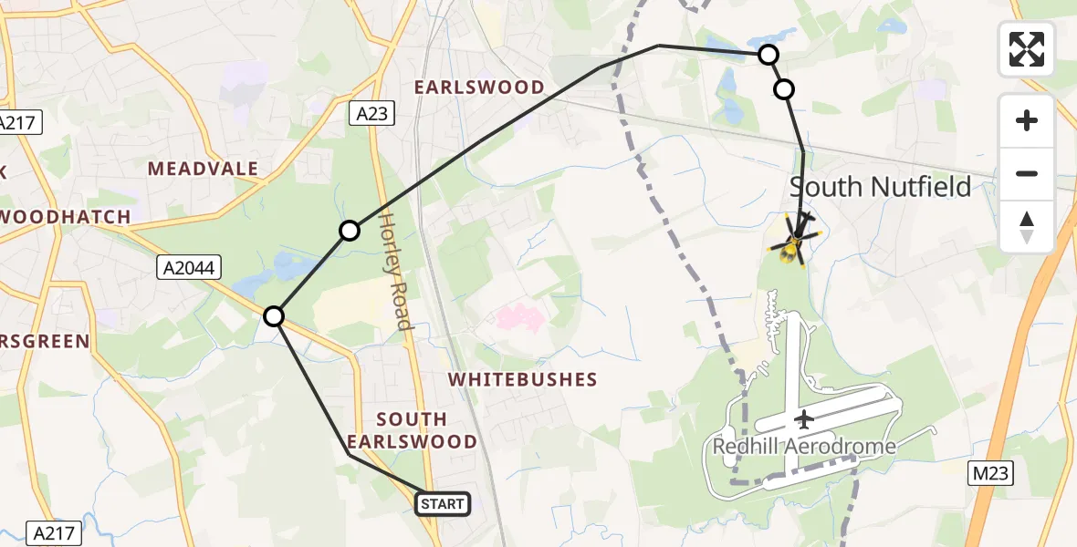 Flight path map showing Police Helicopter route from Salfords to South Nutfield