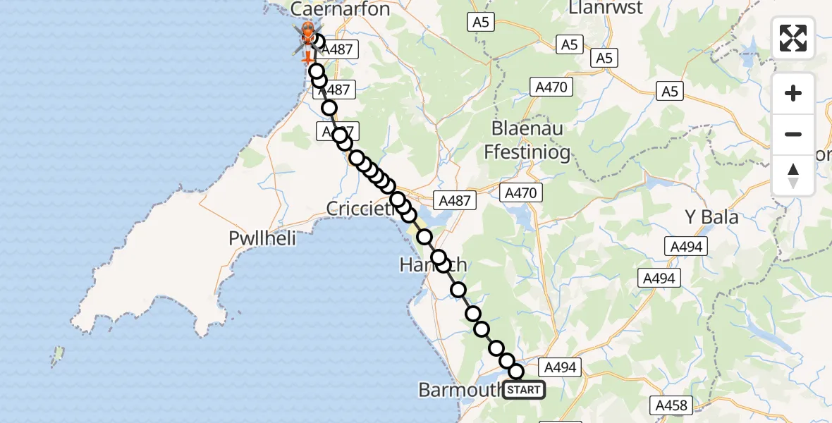 Flight path map showing Coastguard Helicopter route from Arthog to Caernarfon Airport