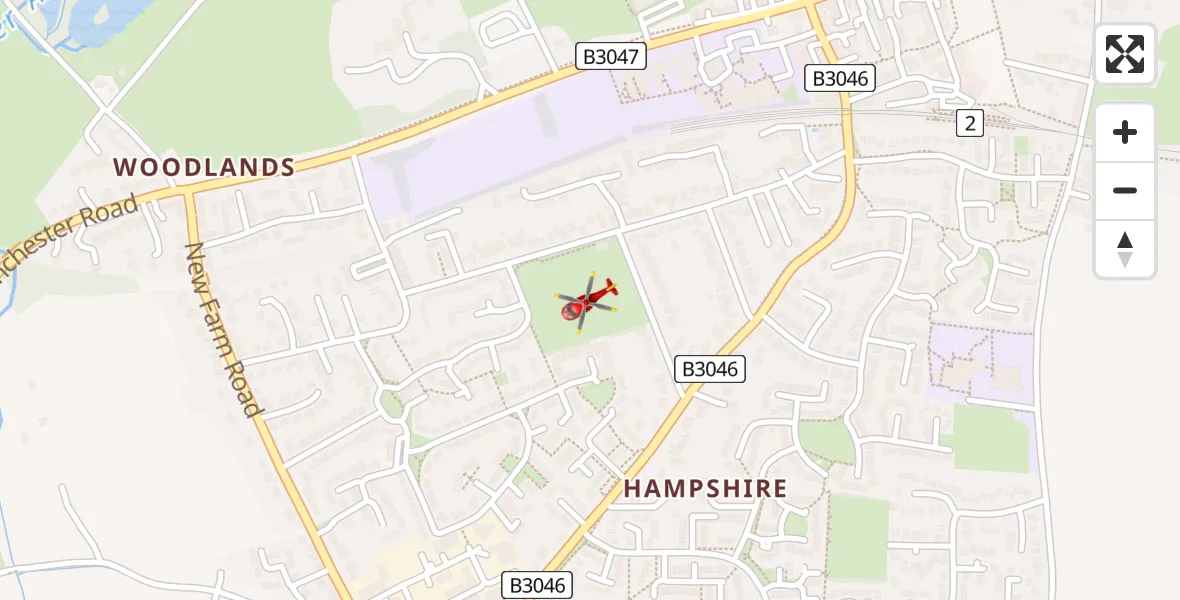 Flight path map showing Air Ambulance Helicopter route from New Alresford to New Alresford