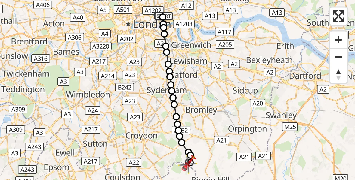 Flight path map showing Air Ambulance Helicopter route from Royal London Hospital to Croydon