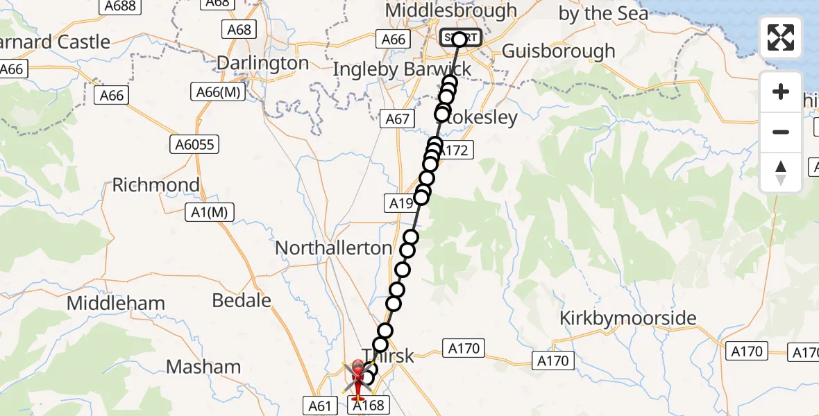 Flight path map showing Air Ambulance Helicopter route from James Cook University Hospital to RAF Topcliffe