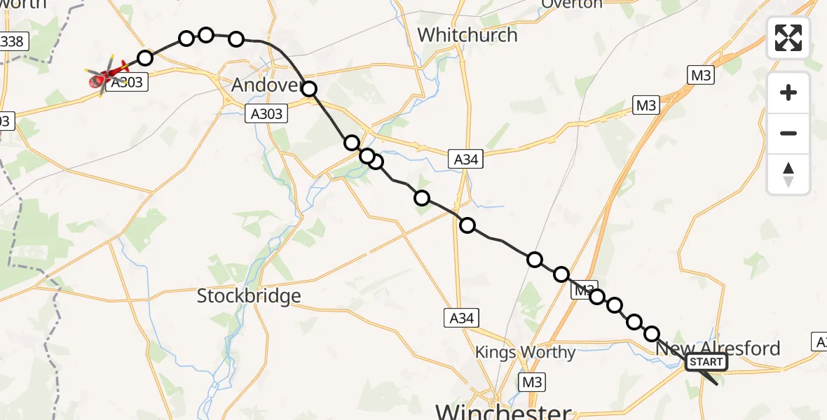 Flight path map showing Air Ambulance Helicopter route from New Alresford to Thruxton Aerodrome