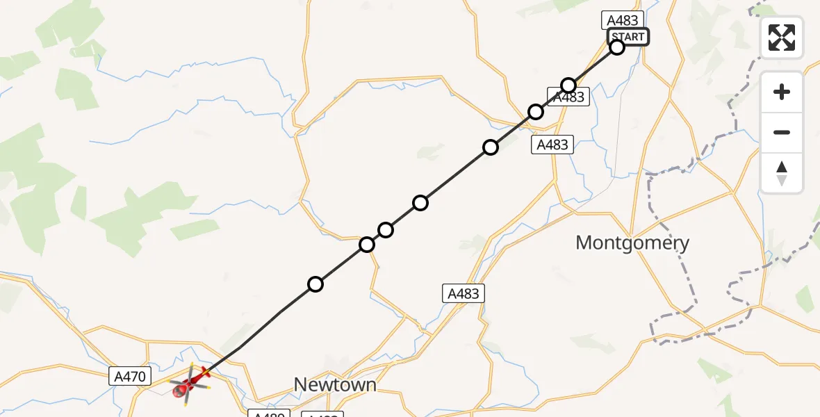 Flight path map showing Air Ambulance Helicopter route from Welshpool Airport to Mochdre
