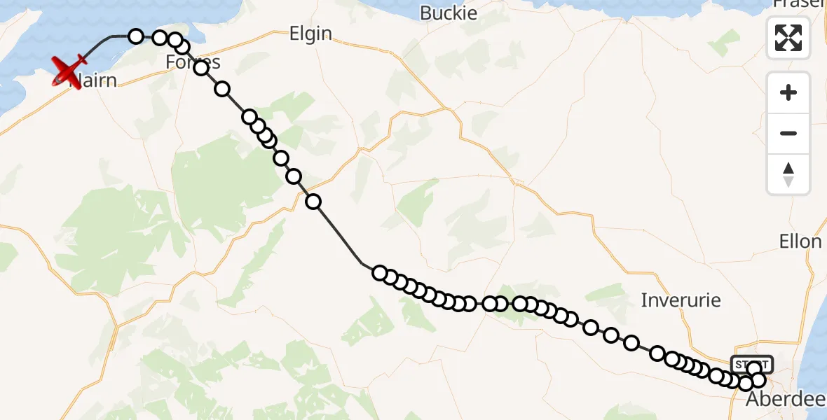 Flight path map showing Air Ambulance Aircraft route from Aberdeen International Airport to North Sea