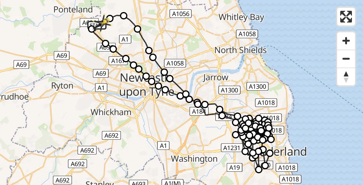 Flight path map showing Police Helicopter route from Newcastle International Airport to Newcastle International Airport