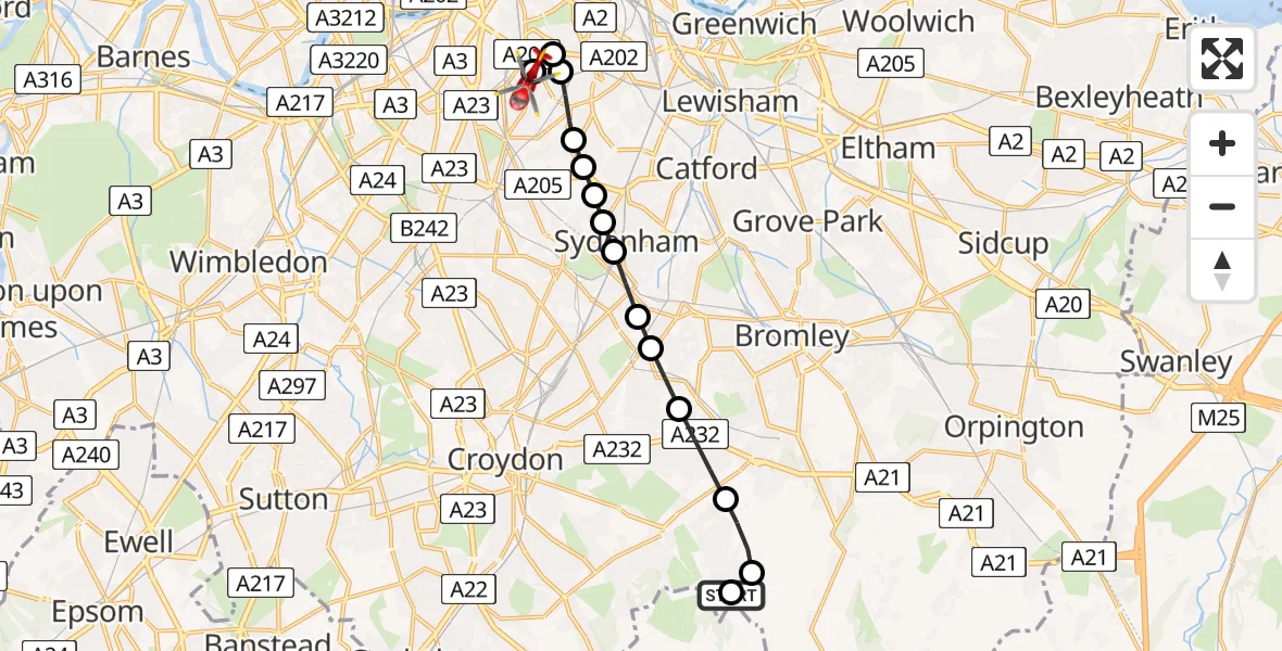 Flight path map showing Air Ambulance Helicopter route from Croydon to Kings College London Hospital