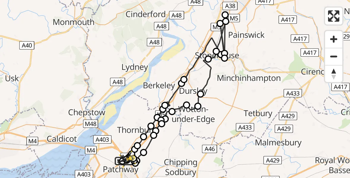 Flight path map showing Police Helicopter route from Almondsbury Helicopter Base to Almondsbury Helicopter Base