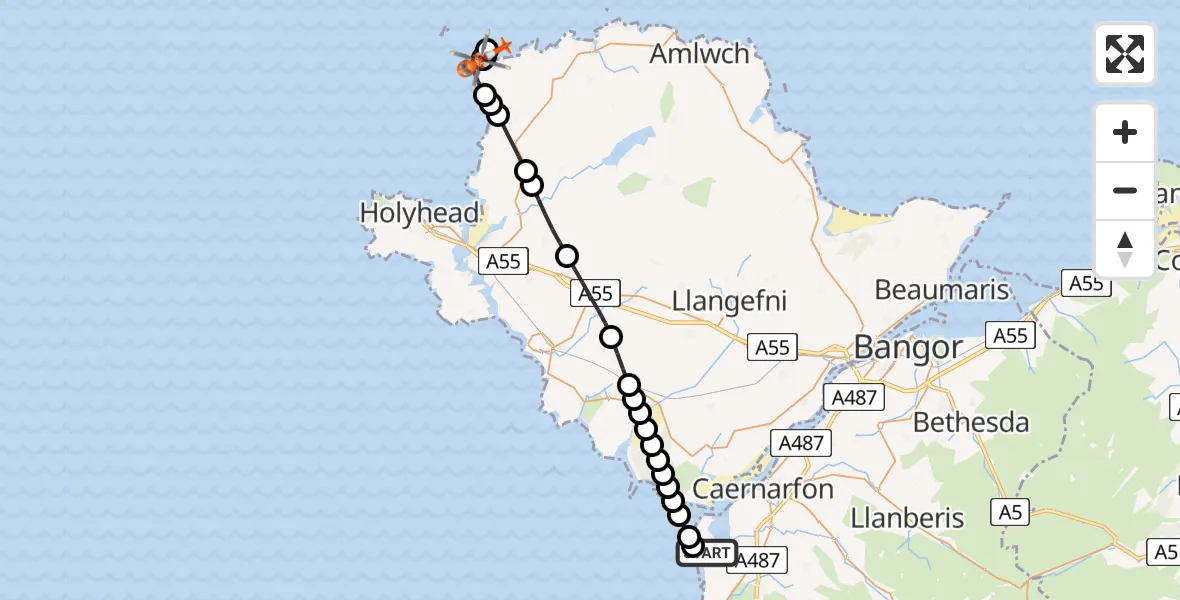 Flight path map showing Coastguard Helicopter route from Caernarfon Airport to Cylch-y-Garn