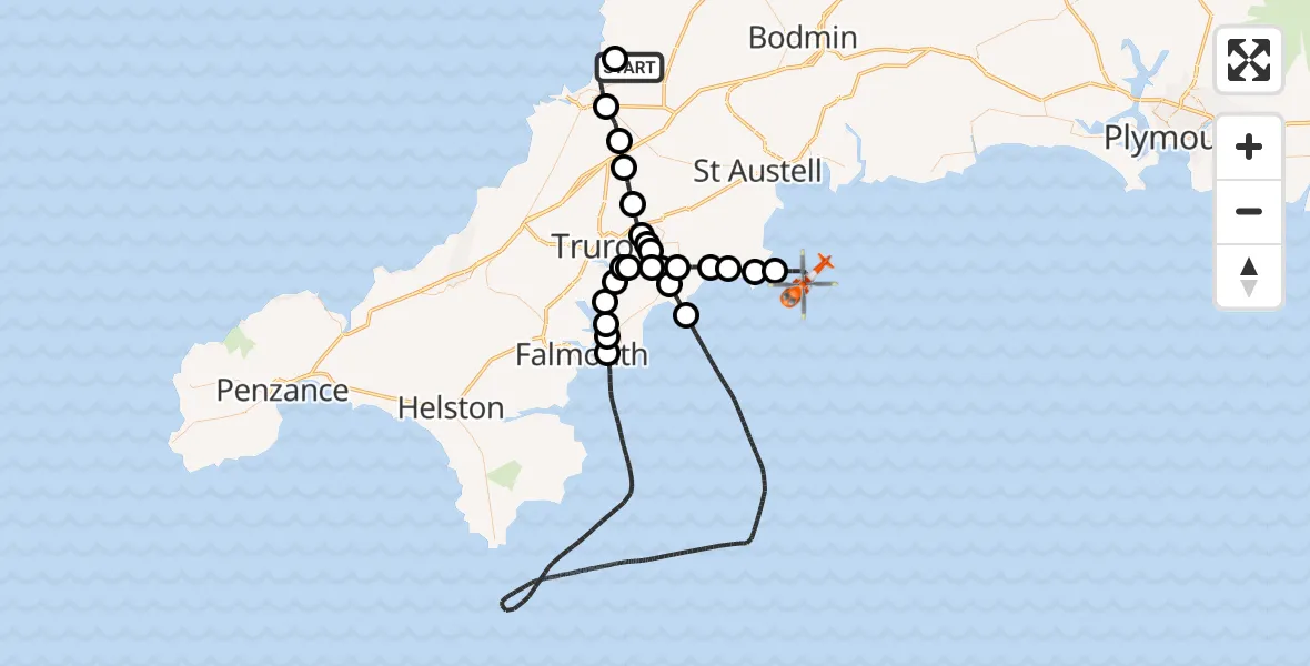 Flight path map showing Coastguard Helicopter route from Cornwall Airport Newquay to English Channel