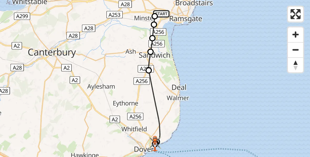 Flight path map showing Coastguard Helicopter route from Manston Airport to Langdon Battery Heliport