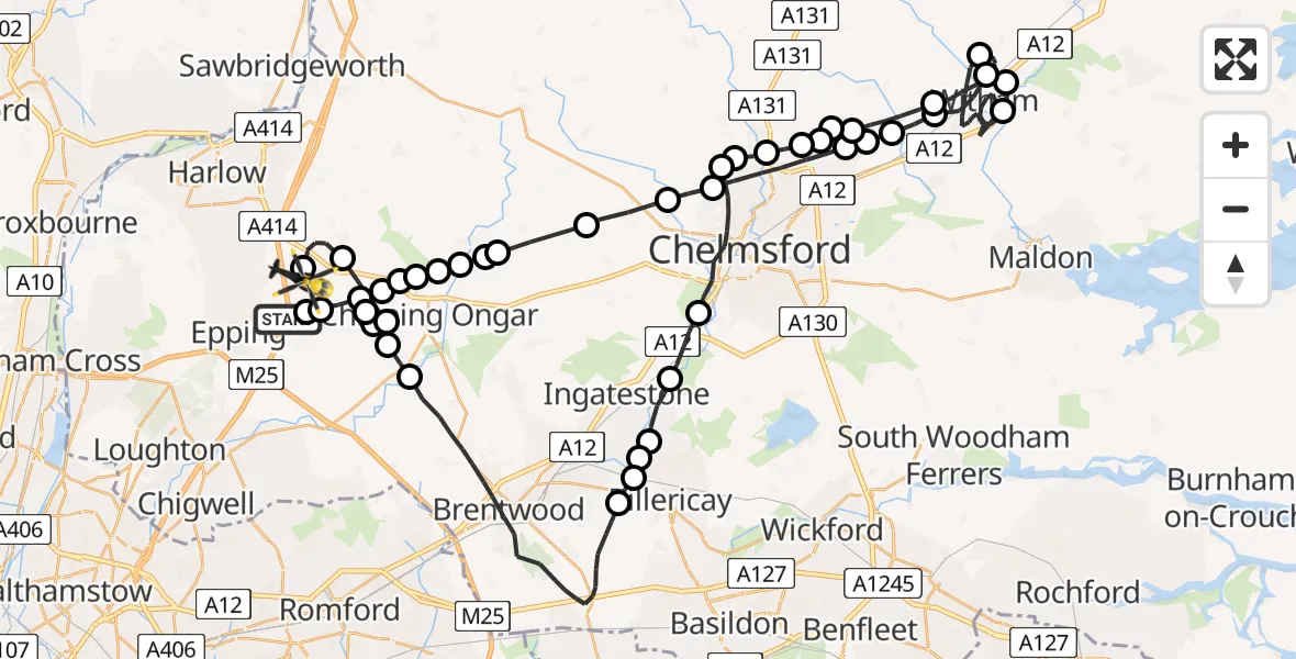 Flight path map showing Police Helicopter route from Coopersale to North Weald Airfield