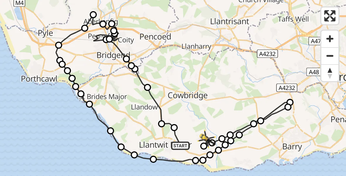 Flight path map showing Police Helicopter route from Boverton to Flemingston