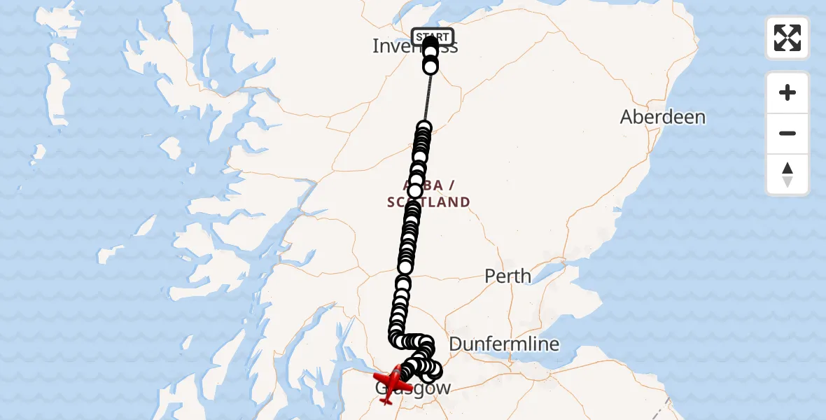 Flight path map showing Air Ambulance Aircraft route from Inverness to Glasgow Airport
