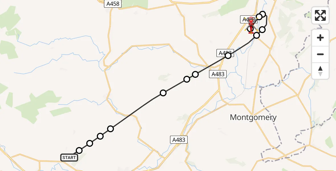Flight path map showing Air Ambulance Helicopter route from Glanrhyd to Welshpool Airport
