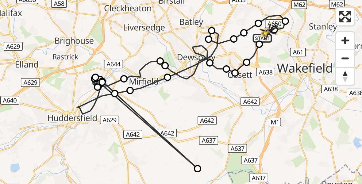 Flight path map showing Police Helicopter route from Ossett to East Ardsley