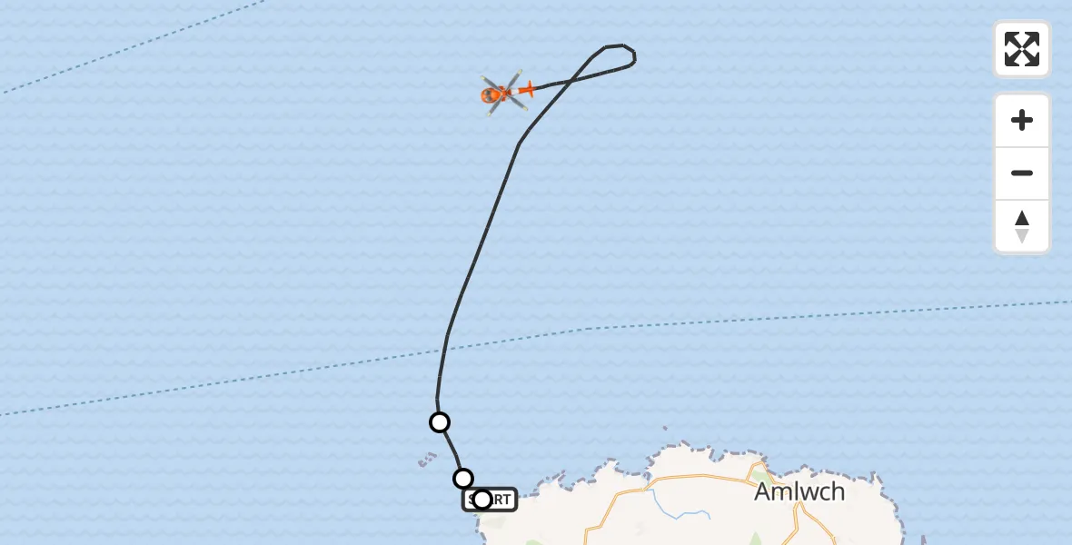 Flight path map showing Coastguard Helicopter route from Cylch-y-Garn to Irish Sea