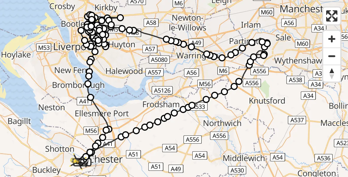 Flight path map showing Police Helicopter route from Hawarden Airport to Hawarden Airport