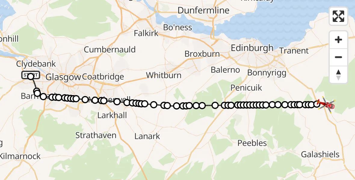 Flight path map showing Air Ambulance Helicopter route from Glasgow Airport to Oxton