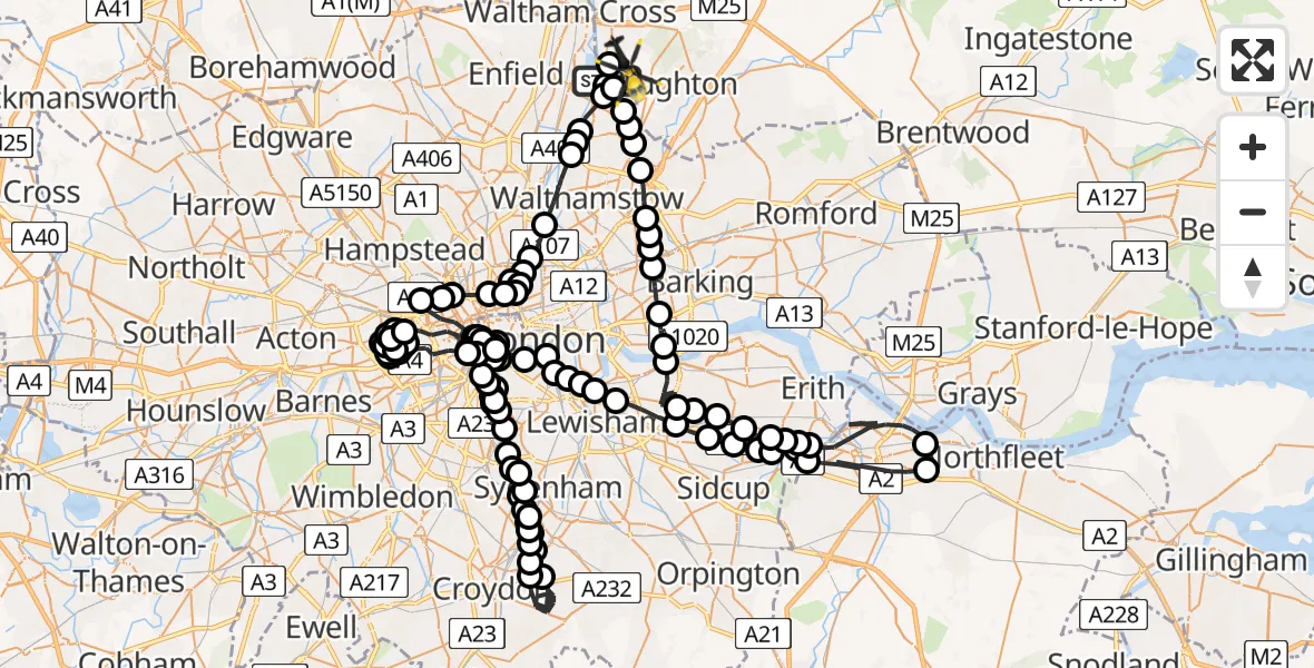 Flight path map showing Police Helicopter route from Chingford to Metropolitan Police Air Support Unit Lippitts Hill