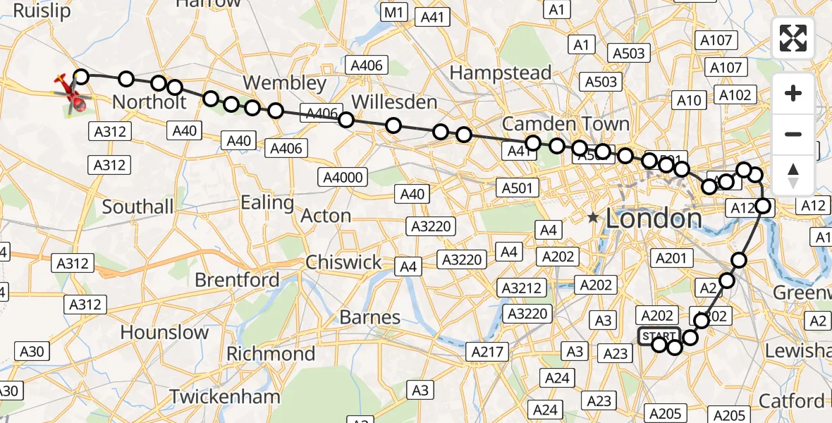 Flight path map showing Air Ambulance Helicopter route from Kings College London Hospital to RAF Northolt