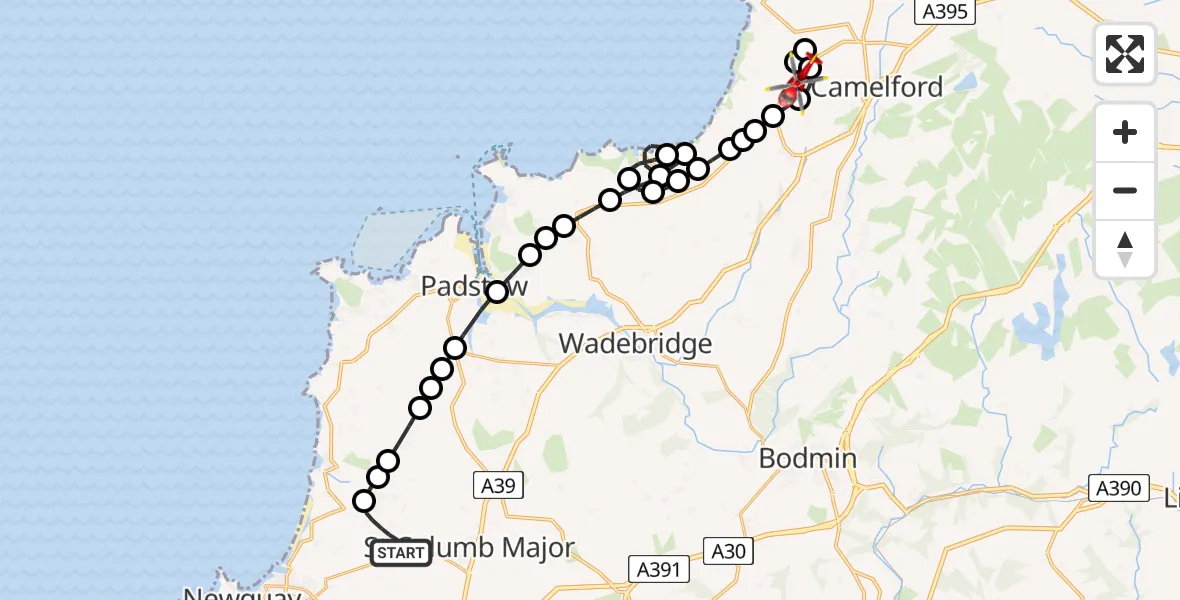 Flight path map showing Air Ambulance Helicopter route from Cornwall Airport Newquay to Delabole