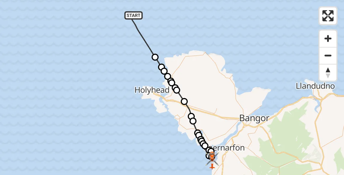 Flight path map showing Coastguard Helicopter route from Irish Sea to Caernarfon Airport