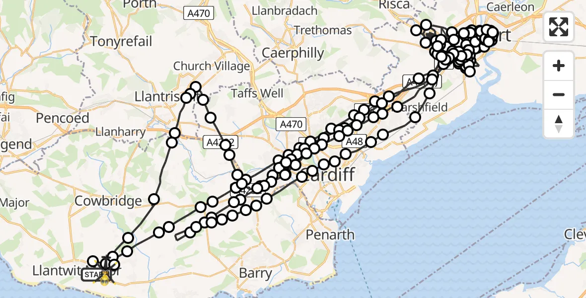 Flight path map showing Police Helicopter route from Boverton to MOD St Athan