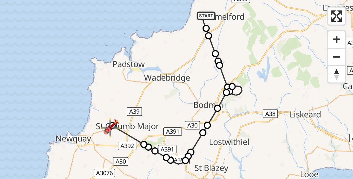 Flight path map showing Air Ambulance Helicopter route from Delabole to Cornwall Airport Newquay