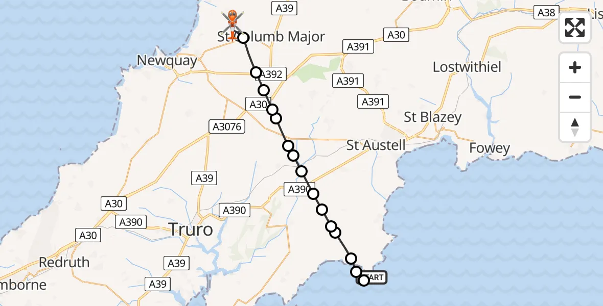 Flight path map showing Coastguard Helicopter route from Gorran Haven to Cornwall Airport Newquay