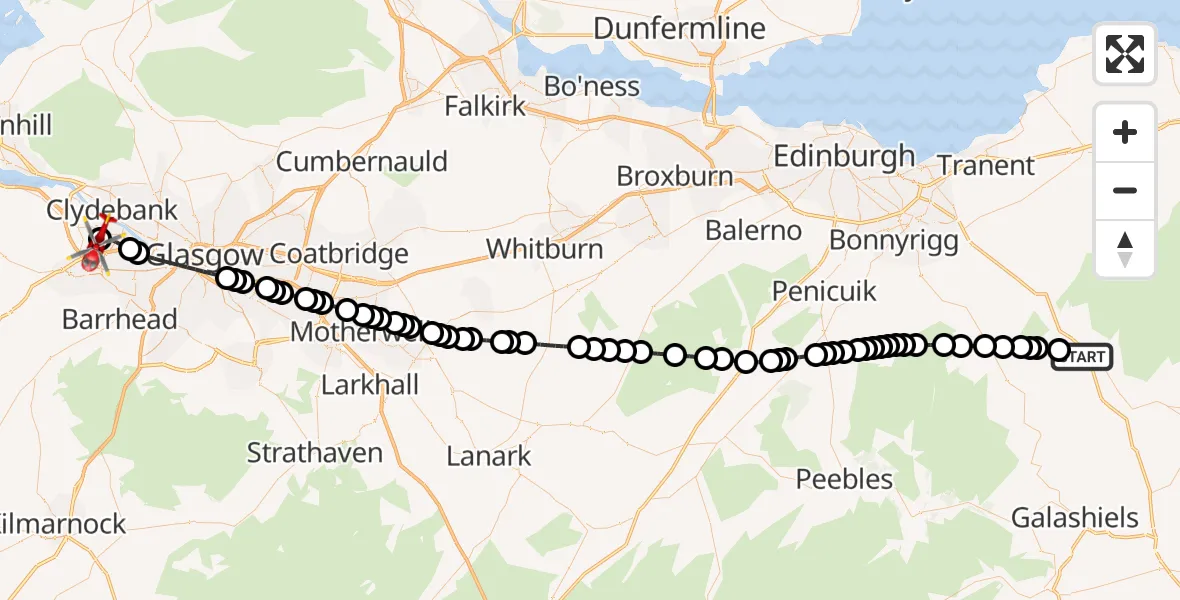 Flight path map showing Air Ambulance Helicopter route from Oxton to Glasgow Airport