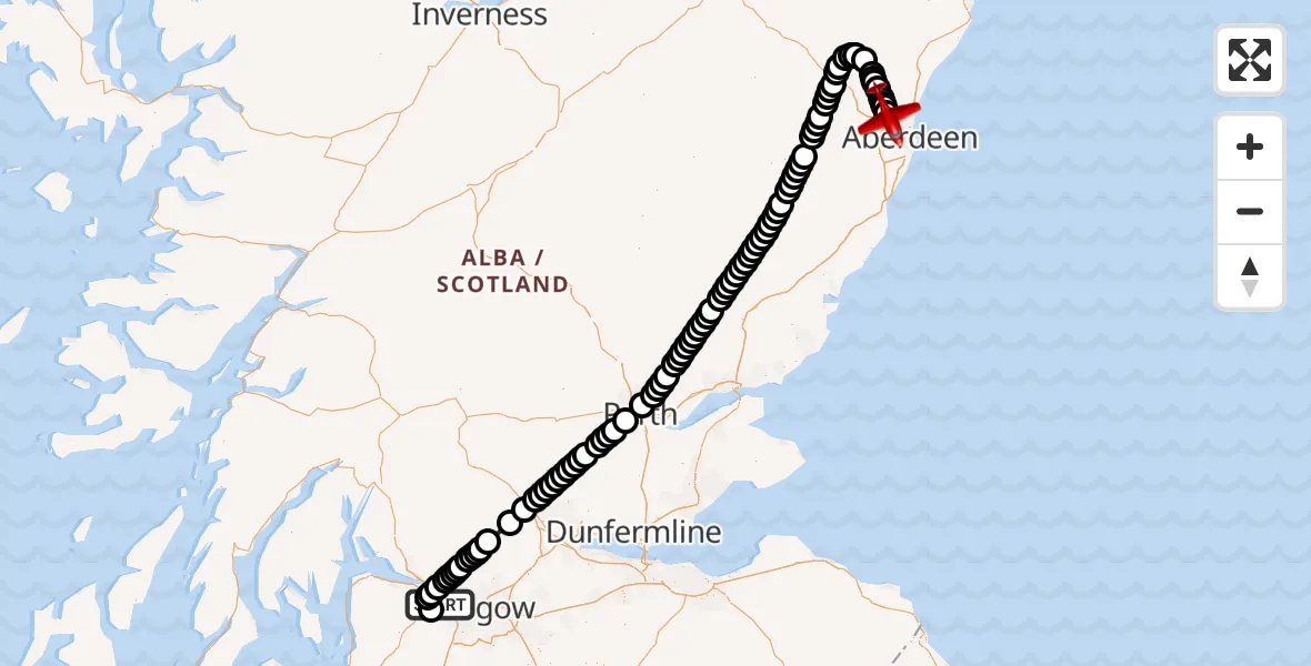Flight path map showing Air Ambulance Aircraft route from Glasgow Airport to Aberdeen International Airport