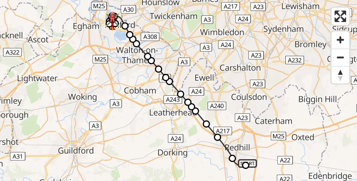 Flight path map showing Air Ambulance Helicopter route from Redhill Aerodrome to Ashford