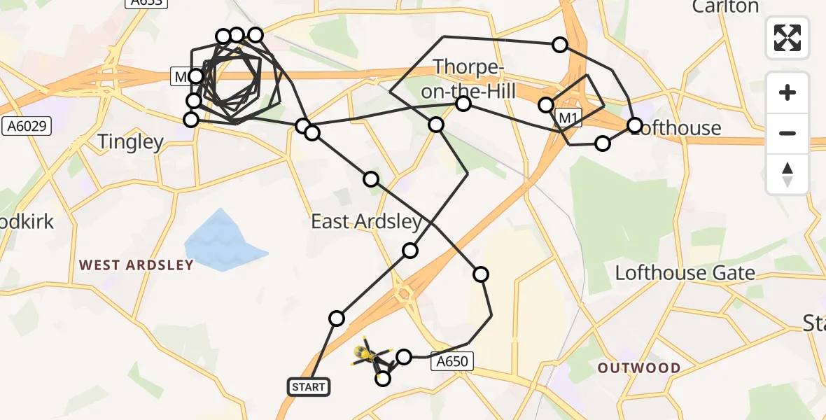 Flight path map showing Police Helicopter route from East Ardsley to Brandy Carr