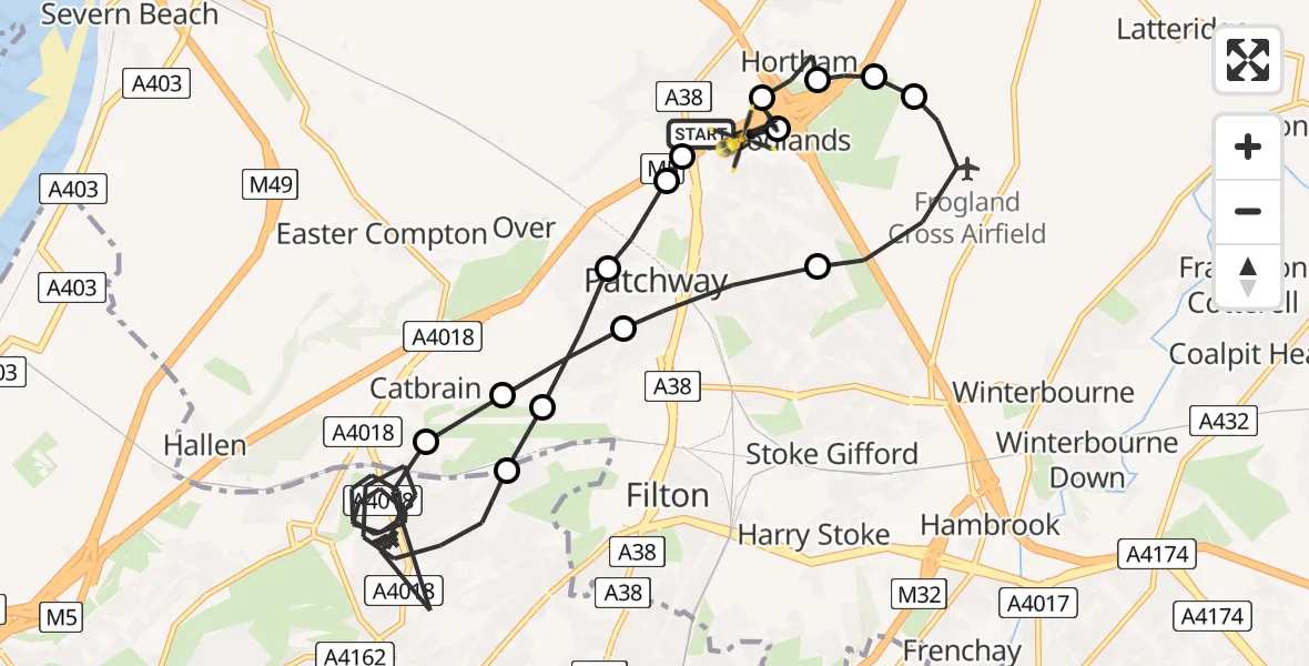 Flight path map showing Police Helicopter route from Almondsbury Helicopter Base to Almondsbury Helicopter Base